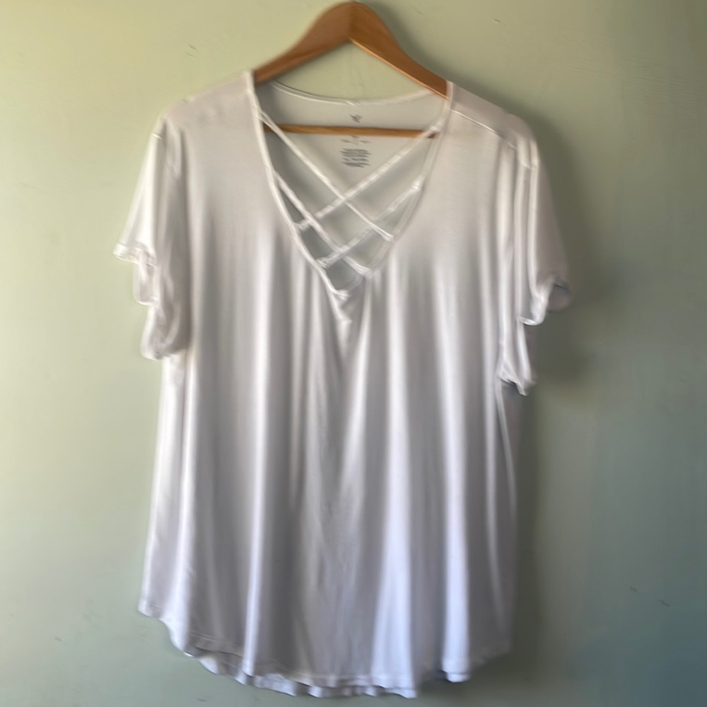 American Eagle Soft & Sexy V-Neck Short Sleeve Shirt with crisscrossed lace neck